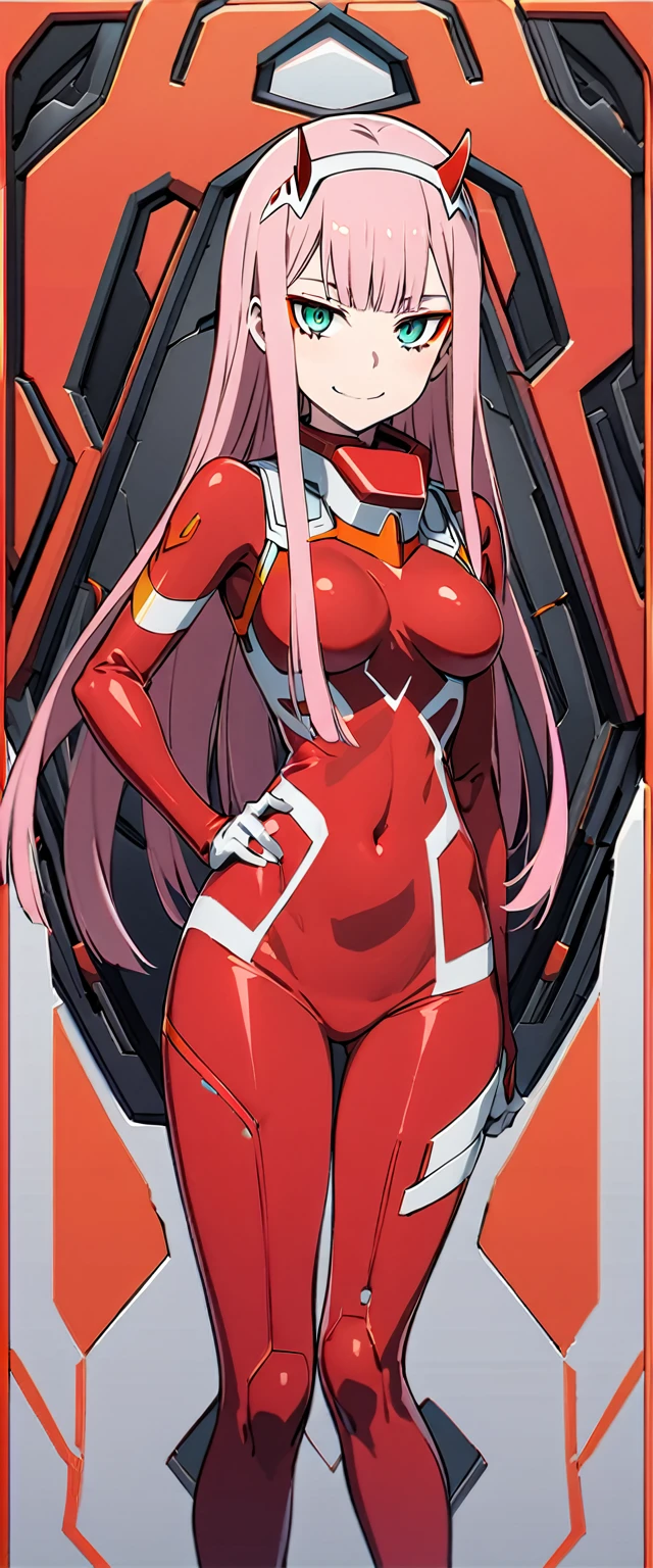 zero two \(darling in the franxx\), darling in the franxx, detailed background, 1girl, bangs, biting, blush, covered navel, eyeshadow, green eyes, hair behind head, hand on hip, horns, smile, long hair, looking at viewer, makeup, medium breasts, pilot suit, red suit, pink hair, red eyeshadow, science fiction, skin tight, solo