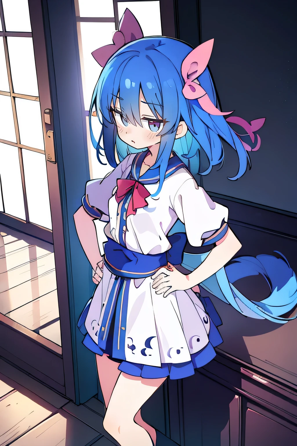 (masterpiece),best quality, expressive eyes, perfect face, 1girl,
Put your hands on your waist,fair, Gorgeous,Japanese cartoons,girl,lola,Hina Angel, blue hair, blue haired, floating clothes,Grab your waist, Grab your waist, hands on hips , hands on hips,sit, sit on ground, Legs on the ground, flat chest