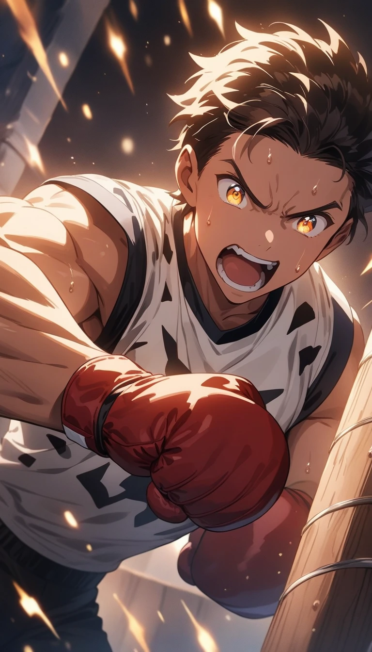 (highest quality、masterpiece、High resolution、detailed)、4K、beautiful anime、(Shining eyes、detailed美しい顔)、no text, anime style, super fine illustration, highly detailed, dynamic angle, beautiful detailed, 8k, In the center of the ring, a boxer strikes (a victory pose:1.9) with boxing gloves on his hands. BREAK He climbs the corner post, shouting a victory cry, his face and body emanating the heat of the battle and sweat.