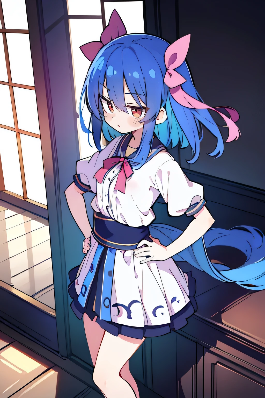 (masterpiece),best quality, expressive eyes, perfect face, 1girl,
Put your hands on your waist,fair, Gorgeous,Japanese cartoons,girl,lola,Hina Angel, blue hair, blue haired, floating clothes,Grab your waist, Grab your waist, hands on hips , hands on hips,sit, sit on ground, Legs on the ground, flat chest