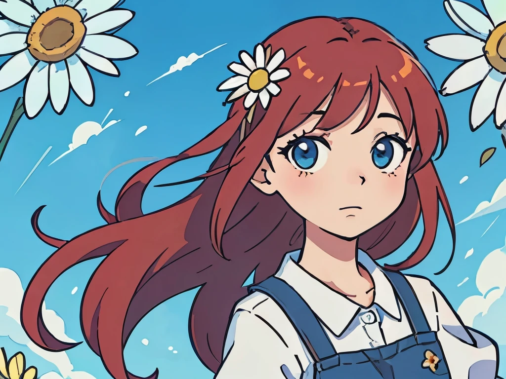 Perfect anime illustration of a girl, posing with flowers in background, daisies, beautiful
