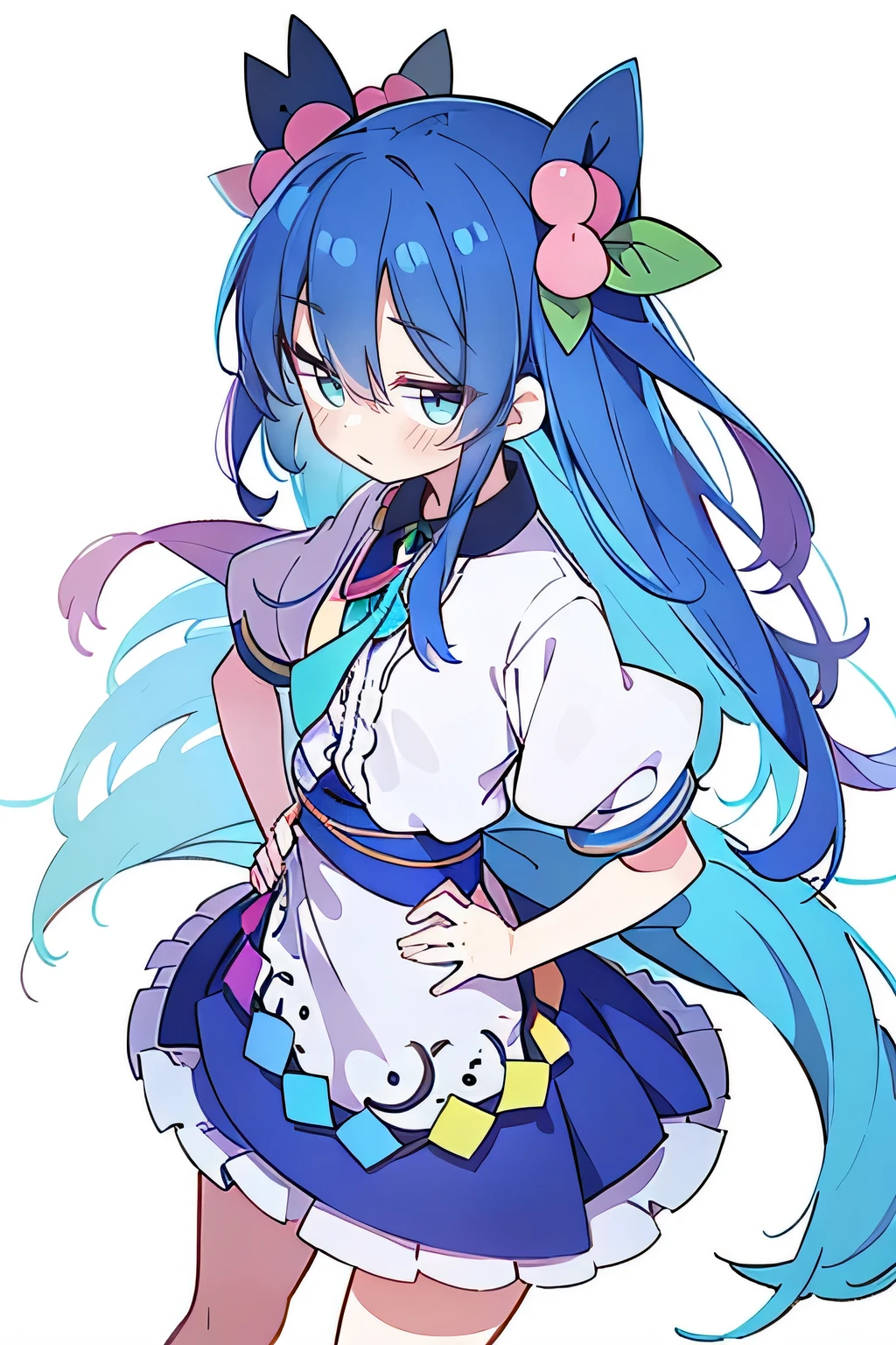 (masterpiece),best quality, expressive eyes, perfect face, 1girl,
 Put your hands on your waist,fair, Gorgeous,Japanese cartoons,girl,lola,Hina Angel, blue hair, blue haired, floating clothes,Grab your waist, Grab your waist, hands on hips , hands on hips,sit, sit on ground, Legs on the ground, flat chest