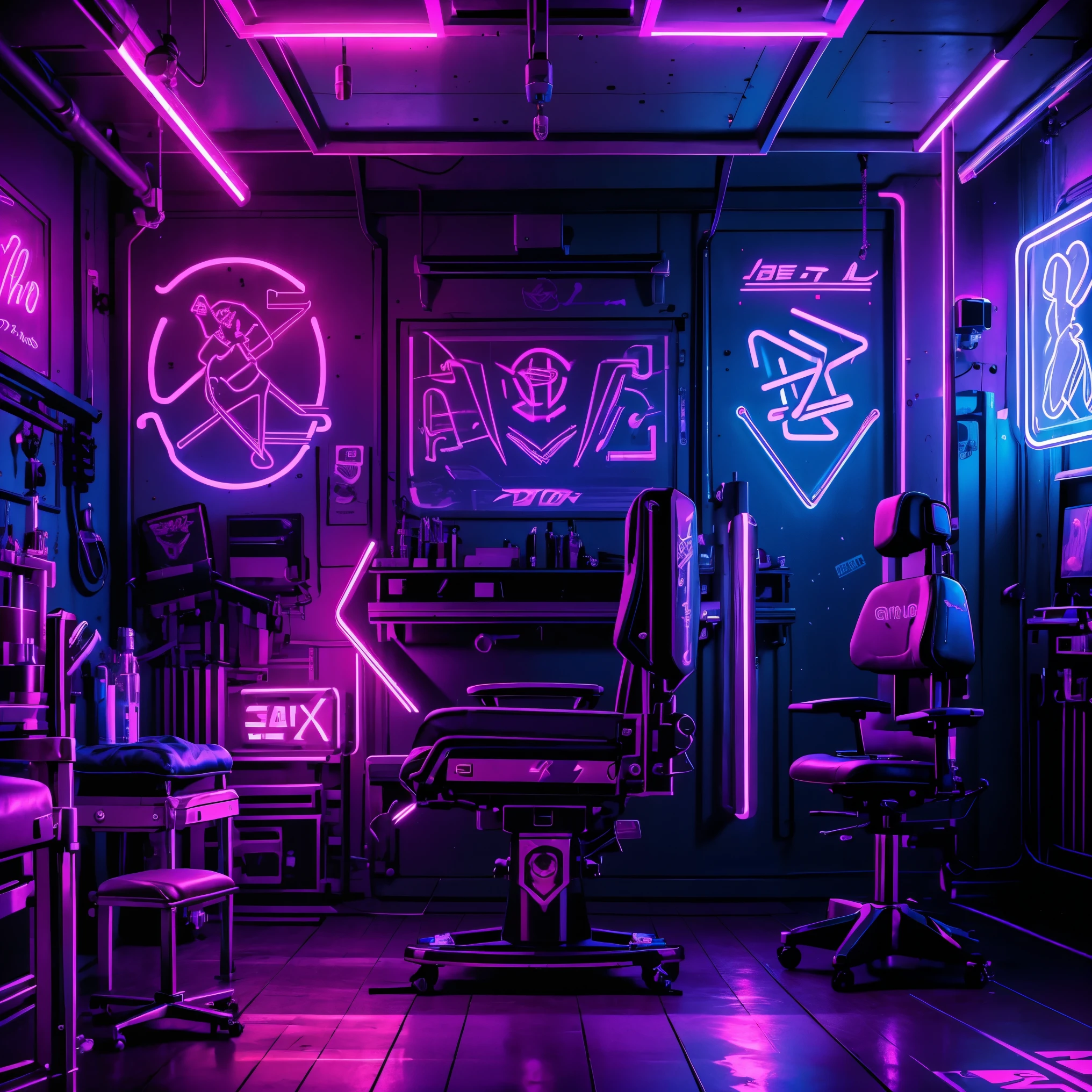 night, piercing studio, treatment room, tattoo chair, neon, graphite, interior, pictures, tattoo sketches, treatment room, tattoo couch,  no humans, tattoo chair, super realistic, background, deep lighting, bright neon lights, purple, bright neon lights, atmosphere, neon 