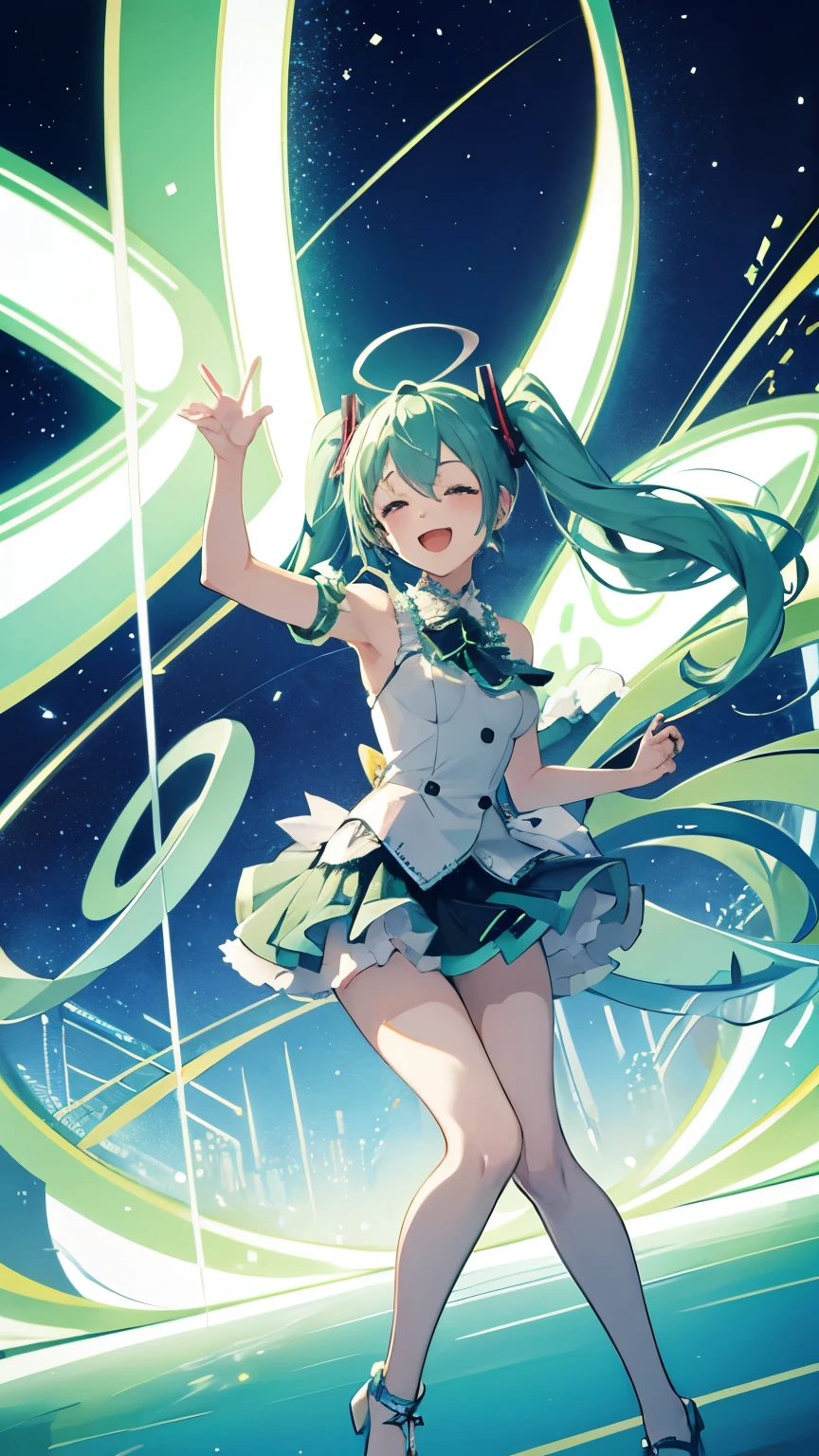 Hatsune Miku in an energetic concert setting, with a magnificent and colorful stage backdrop. Miku was singing her favorite song with full energy, while smiling brightly, with long green hair, a futuristic hat, and unique and artistic clothes.