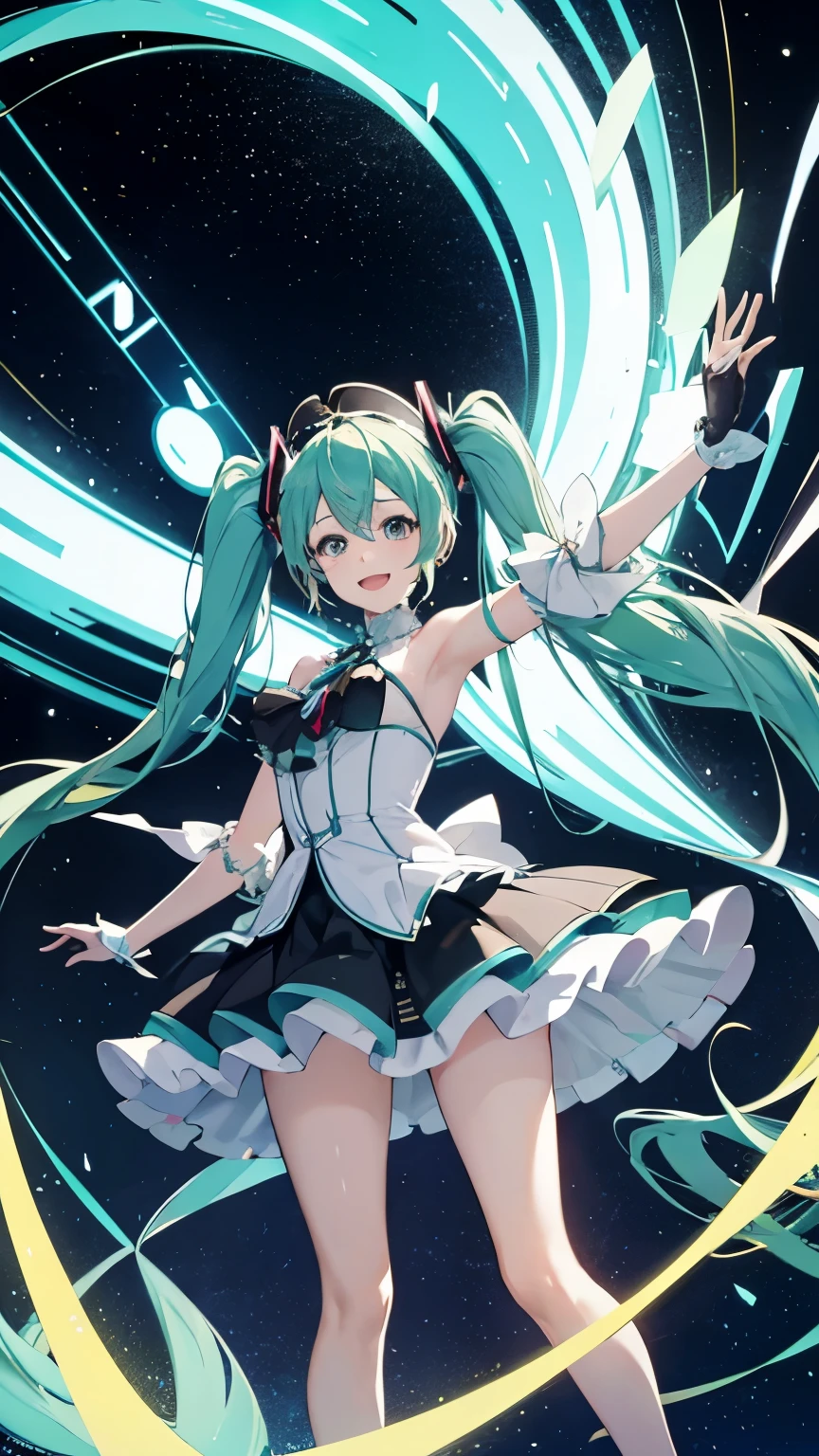 Hatsune Miku in an energetic concert setting, with a magnificent and colorful stage backdrop. Miku was singing her favorite song with full energy, while smiling brightly, with long green hair, a futuristic hat, and unique and artistic clothes.