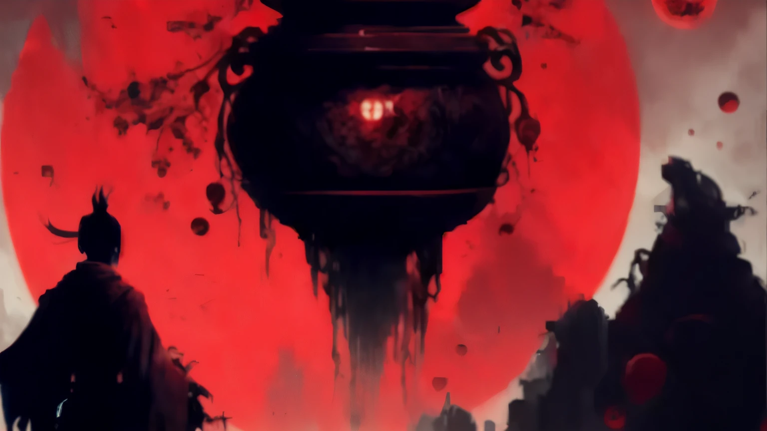 a close up of a person standing in front of a red sun, blood temple, tithi luadthong, bloodborne art, painting of one health potion, bloody + concept art, blood moon tentacles!!, eerie art style, dan mumford tom bagshaw, paul lehr and beeple, inspired by Paul Lehr, bloodborne concept art
