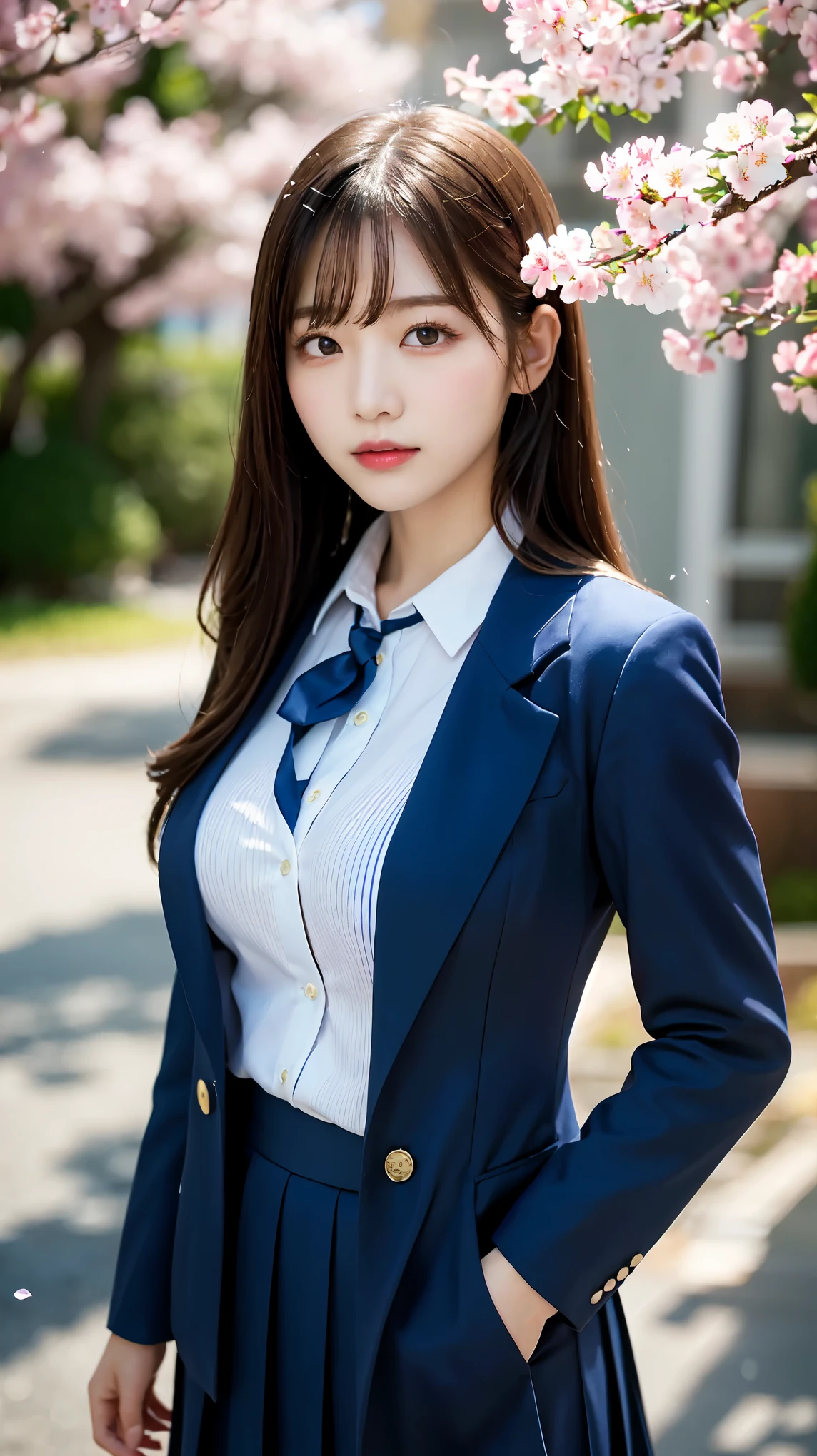 graduation ceremony、high school girl、uniform 、navy blue blazer、Cherry tree in full bloom、Cherry blossom confetti、perfect proportions、cute、(big breasts:1.2)、((18 year old female:1.2))、young adorable japanese face，official art，Highly detailed CG Unity 8K wallpaper，（masterpiece:1.0),(highest quality:1.0), 超A high resolution,4k,Super detailed, photo shoot, 8K, nffsw, High resolution, kodak portrait 400, film grain, lens flare glow,高いest quality,8K,nffsw:1.2),portrait shot,8K、View viewer