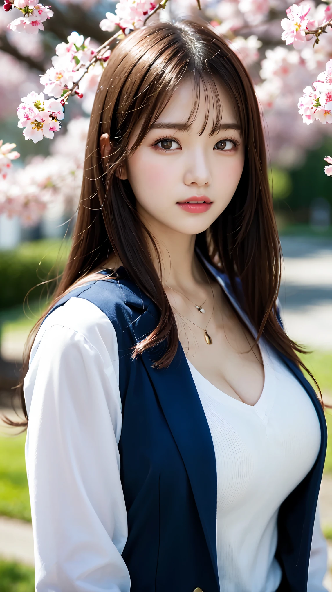 graduation ceremony、high school girl、uniform 、navy blue blazer、Cherry tree in full bloom、Cherry blossom confetti、perfect proportions、cute、(big breasts:1.2)、((18 year old female:1.ung adorable japanese face,official art,Highly detailed CG Unity 8K wallpaper,(masterpiece:1.0),(highest quality:1.0), 超A high resolution,4k,Super detailed, photo shoot, 8K, nffsw, High resolution, kodak portrait 400, film grain, lens flare glow,高いest quality,8K,nffsw:1.2),portrait shot,8K、View viewer