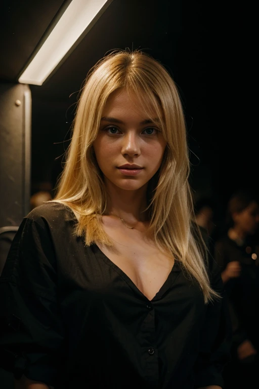 super cute blond woman in a dark theme