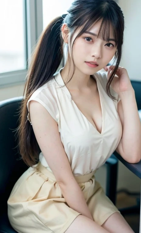 masterpiece、highest quality、16K、soft light、professional lighting、Pale shading、Weak contrast、Japanese、beautiful girl、daytime office、Window seat、sitting in front of the computer、tight white blouse、navy pleated skirt、(smooth and beautiful thighs:1.6)、(big breasts:1.0)、Faint cleavage、fine and beautiful eyes、(cute hanging eyes)、(thin eyebrows)、(thin lips)、gentle smile、(Thin, straight, long hair、high ponytail),(The bangs are see-through bangs)、