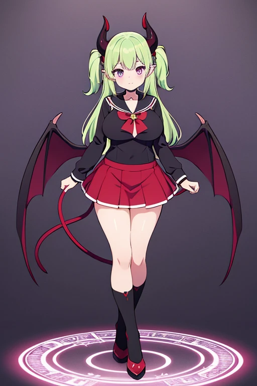 1 woman,grean back ground,red hear,long hear,purple eyes,devil horns,devil wings,big breasts,,devil's tail, short skirt,standing,full body,sailor suit,high resolution