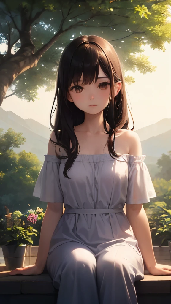 masterpiece、最高masterpiece、Contemplative,Girl in a serene landscape, beautiful brown eyes、Peaceful environment, Calm atmosphere,tranquility,silence,soft sunlight,Gentle breeze,Blissful Heart,Inner peace,tranquility,calm colors,natural scenery,Floating feeling,rest,harmony,relaxation...(highest quality,High resolution,Super detailed),Landscape painting,realistic artwork,impressionist style,soft brush strokes,Subtle color blends,Bright colors,play of light and shadow,ethereal,Spiritual Experiences...