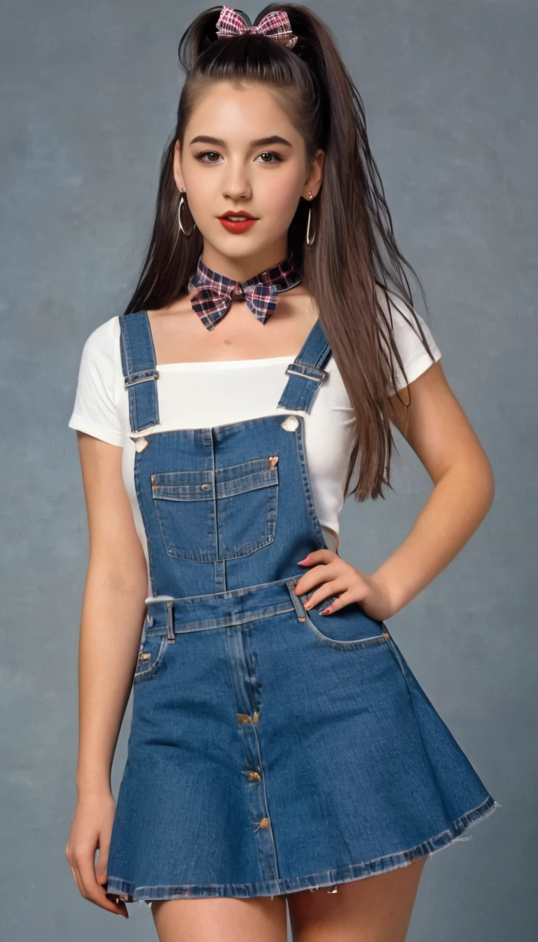 Beautiful brunette girl plaid skirts or dresses, crop tops, platform shoes, and chokers. Denim overalls and high-waisted jeans were also popular choices, often paired with graphic T-shirts or flannel shirts tied around the waist. Hair accessories like scrunchies and butterfly clips were common, along with minimal makeup and natural-looking hair styles.