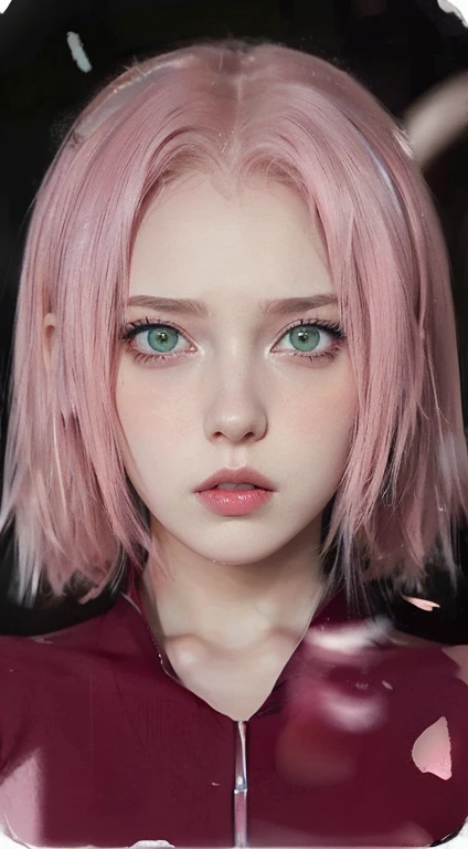 young woman, short shoulder-length pink hair, wide forehead, porcelain skin, pink eyebrows, big emerald green eyes, buttoned nose, full lips, heart-shaped face, slender body, small breasts, red tank top, Sakura Haruno , realistic, realism, details, 3d, well detailed