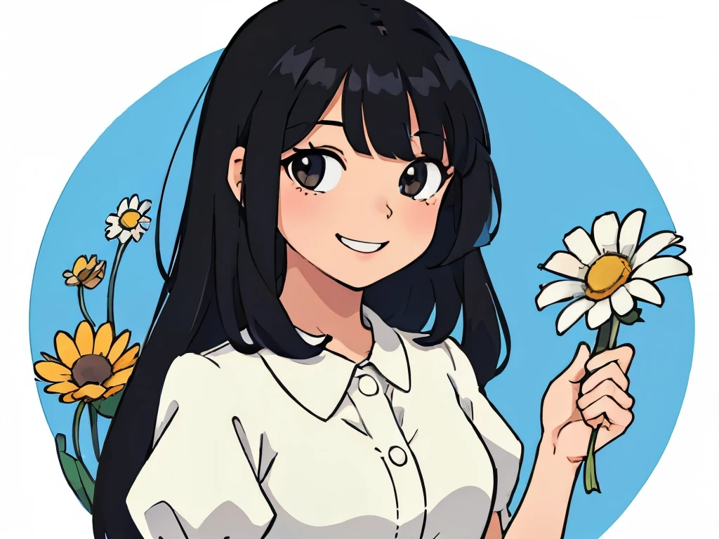 Perfect anime illustration of a girl having long black hair with bangs, posing with flowers in background, daisies, beautiful  ,smilin slightly wearing a dress