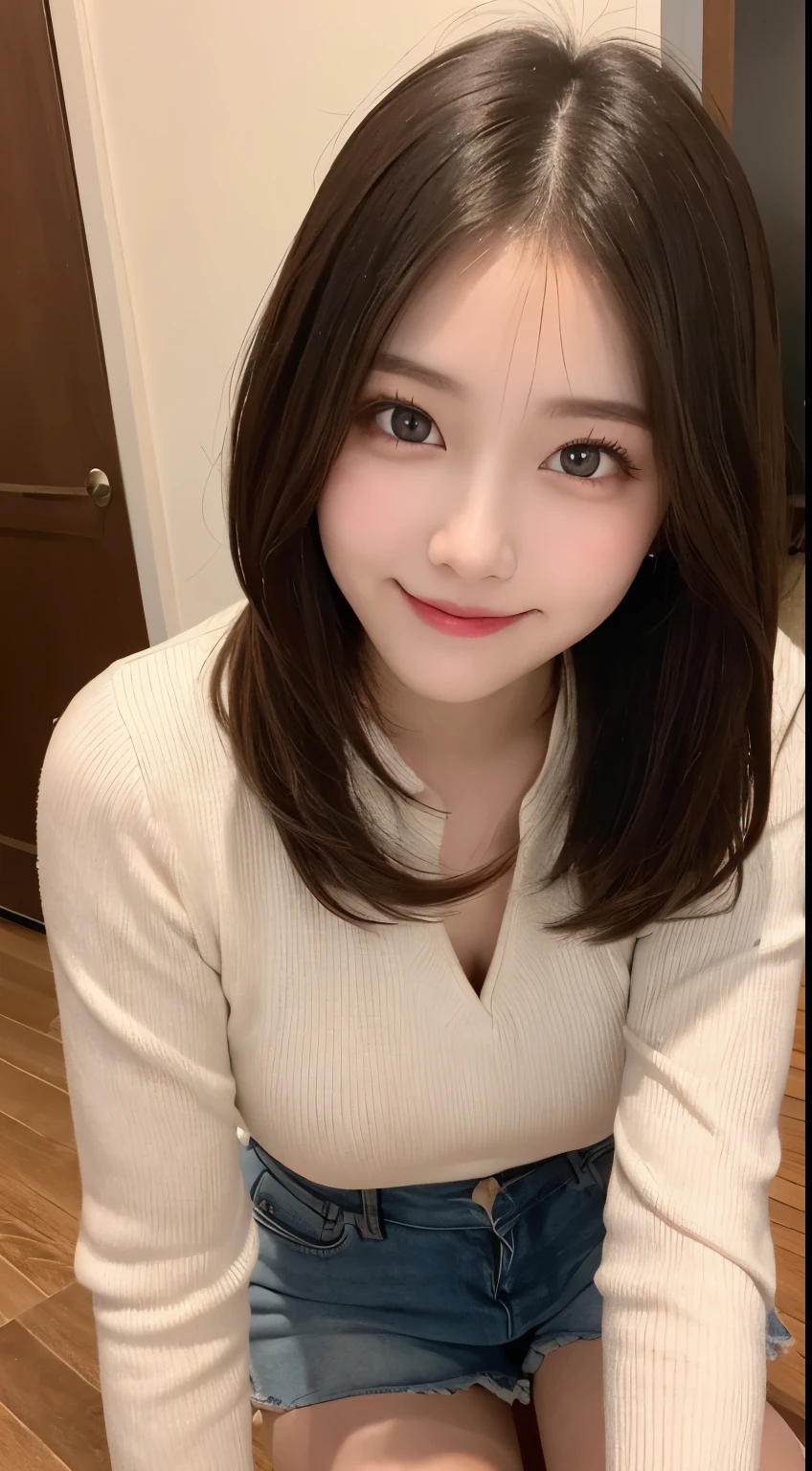 table top, highest quality, shape, Super detailed, finely, High resolution, 8k wallpaper, 完璧なダイナミックな構shape, beautiful and detailed eyes, straight hair, small breasts, natural color lip, random sexy pose,smile,20 year old girl、midnight、Beautiful and dense face、perfect and beautiful face,Big eyes、Raw photo、Expressing feminine poses with your whole body、beautiful and detailed eyes、small face、beautiful duplex、slim face and style,beautiful golden ratio face、Shirt with long sleeve collar、Check shorts、smile、Shoot from the right side