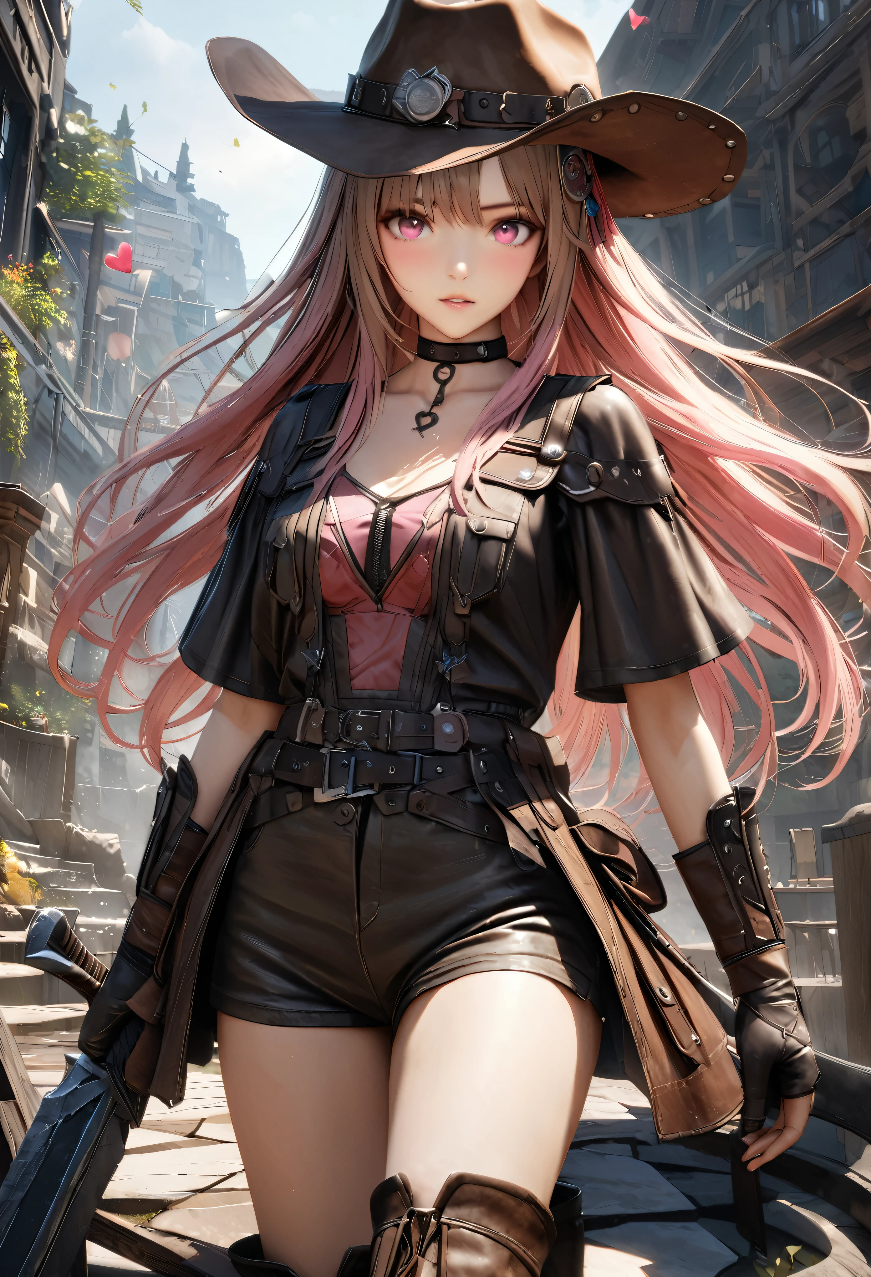 masterpiece,highest quality, Super detailed, High resolution, expensive resolution, HDR, 4k, 8K, unity 8k wallpaper, Super detailed CG, masterpiece, realistic, 2D, 3D, beautiful details, depth, fine texture , super fine: 1.3, Fully focused, Crispy.skin, .he, Very cute anime girl 、cowboy style costume、cowboy hat、cowboy boots technic wilderness、duel、long sword、Pink semi-long hair wearing expensive , one girl、alone, Pink semi-long hair, cowboy style、cowboy hat、long sword、duel、cowboy bootole under the eye, looking at the viewer , expensive , blush, mole, parted lips, hair ornaments, heart, pink eyes, choker