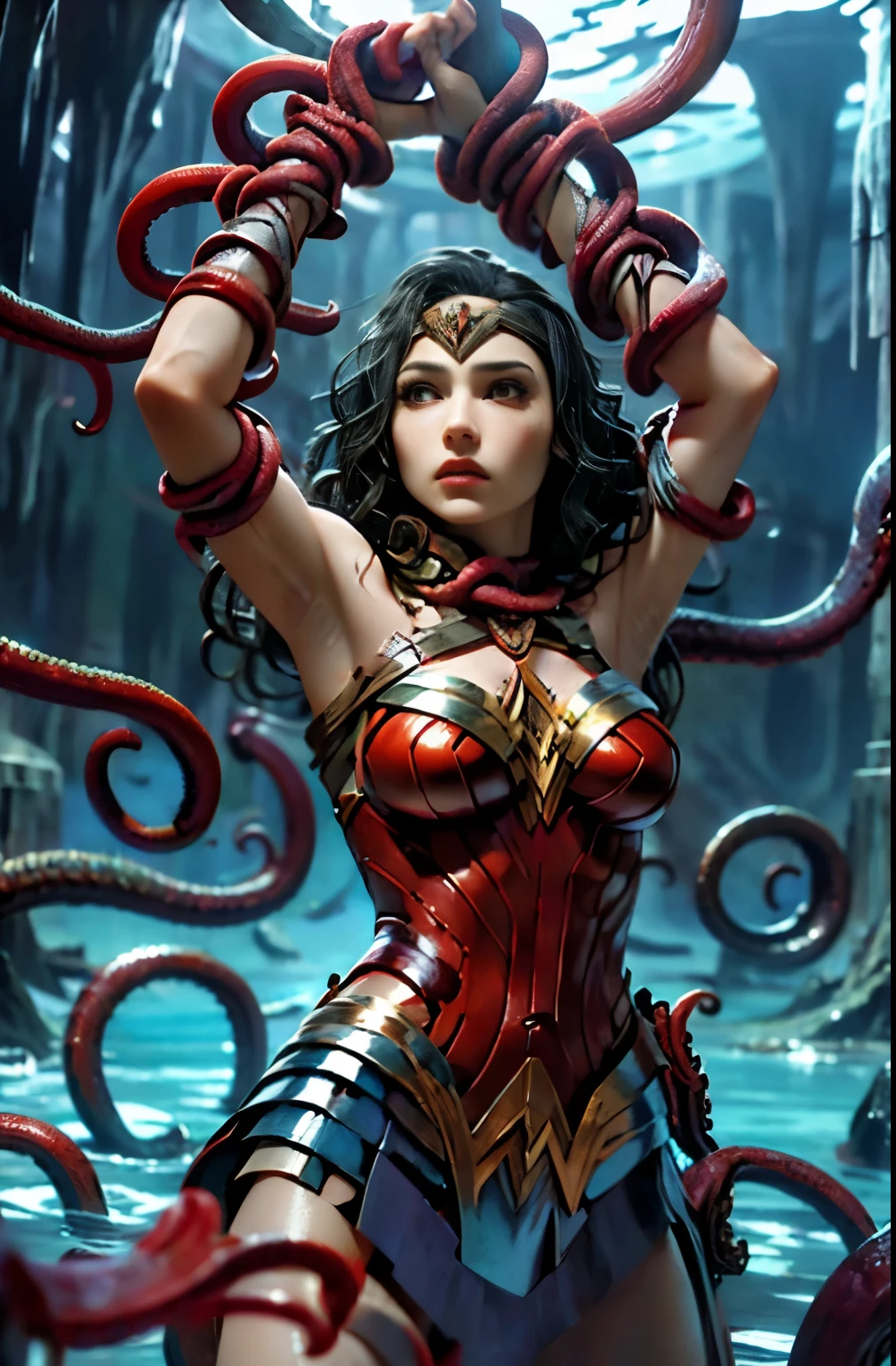 ((masterpiece)), ((highest quality)), (Super detailed),(inside the cave),(monster),(((Many tentacles wrap around the body))),, 1 girl, alone,,((Many tentacles are binding your arms)), ((thin waist)),big breasts, troubled expression,ww,wonderwoman