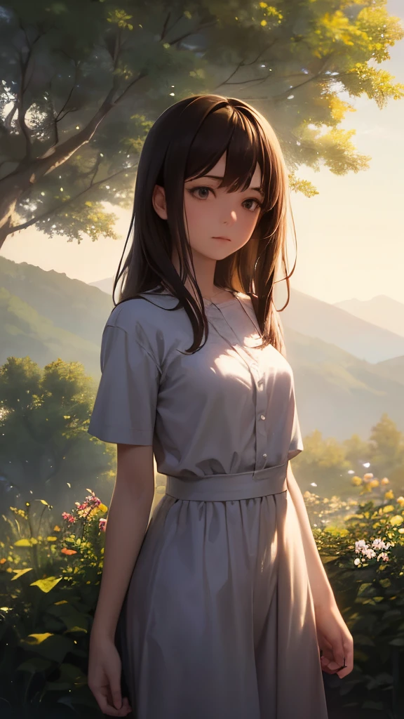 Contemplative,Girl in a serene landscape, Peaceful environment, Calm atmosphere,tranquility,silence,soft sunlight,Gentle breeze,Blissful Heart,Inner peace,tranquility,calm colors,natural scenery,Floating feeling,rest,harmony,relaxation...(highest quality,High resolution,Super detailed),Landscape painting,realistic artwork,impressionist style,soft brush strokes,Subtle color blends,Bright colors,play of light and shadow,ethereal,Spiritual Experiences...