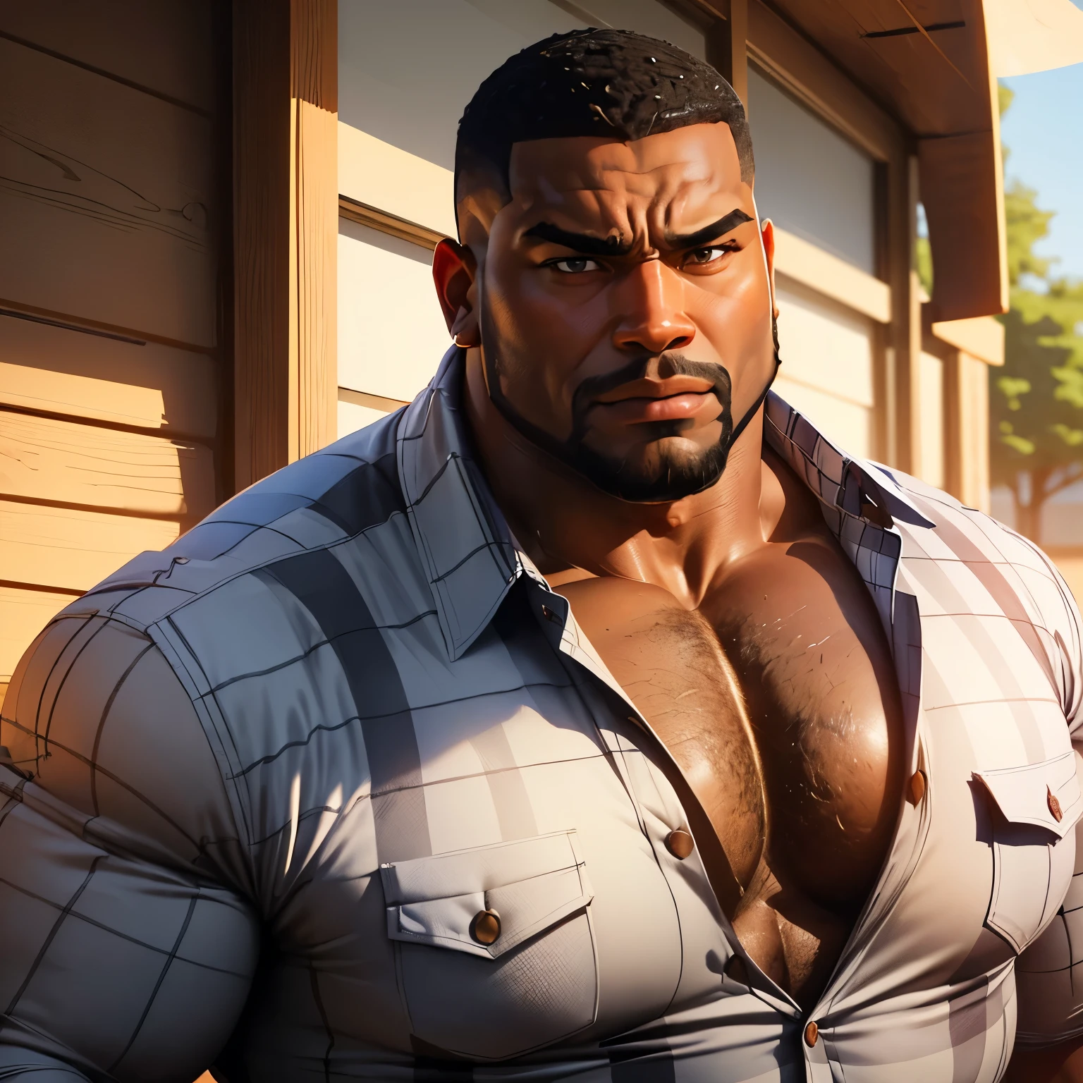 an exaggeratedly muscular and large bodyguard, beefy build, beard, dark-skinned african american male, buzzcut hair with square line, surprised expression, (wearing unbuttoned plaid shirt: 1.2), school team logo, (bara pecs: 1.3), (arm and chest hair: 1.1), close-up portrait HD, (outside ranch)
