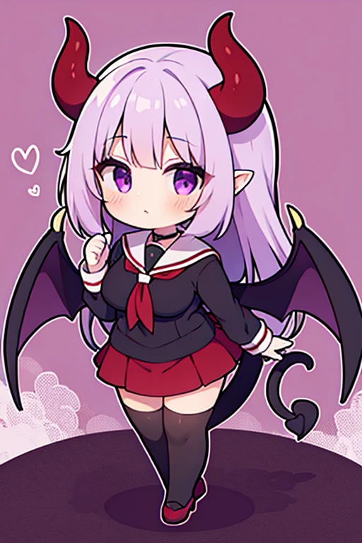1 woman,grean back ground,red hear,long hear,purple eyes,devil horns,devil wings,big breasts,,devil's tail, short skirt,standing,full body,sailor suit,high resolution,Landscape, black socks,