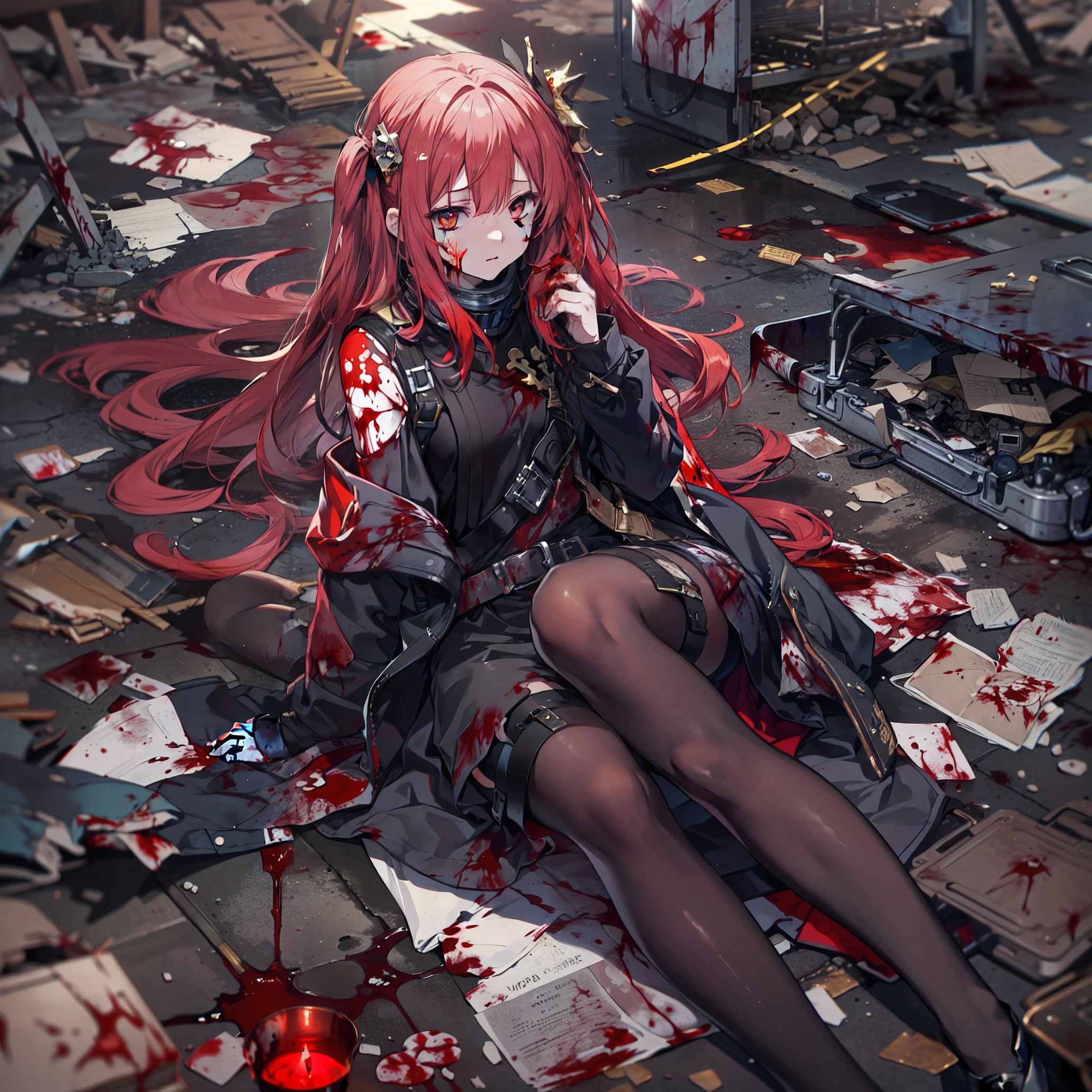 ((masterpiece, best quality, ultra-detailed, an extremely delicate and beautiful)), ((CG)), (award winning, ccurate, UHD, textured skin, chromatic aberration, perfect anatomy, Fujicolor), ((((postapocalypse)))), 1 girl stanging on the floor in the ruin, at evening, (young syster taste), small breast, slender body, (black straight hair with red inner color), (gold eyes), a red hair ribbon, wearing black coat, ((rape face)), ((((blood sea)))), many bodies on the floor
