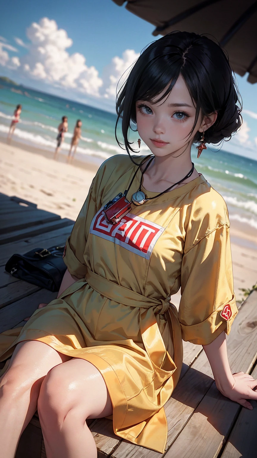 最high quality, 8K, masterpiece: 1.3, Ultra HD, high quality, 最high quality, High resolution, realism)) 、slender、slenderだがアスリート並みの細マッチョ、Lifeguard((lifeguard))is、On a California beach、Sit on the observation deck、whistle((whistle))Hang the string around your neck、I don&#39;t want my head to disappear from the screen.、aerial perspective((atmospheric perspective))、smile((smiley))、background blur((depth of field)、chest pocket