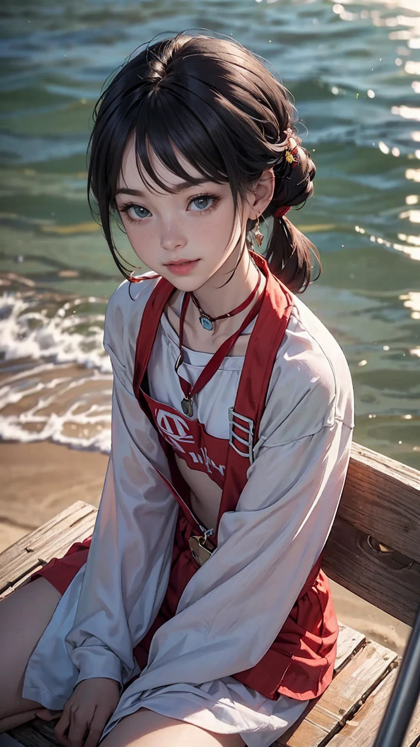 最high quality, 8K, masterpiece: 1.3, Ultra HD, high quality, 最high quality, High resolution, realism)) 、slender、slenderだがアスリート並みの細マッチョ、Lifeguard((lifeguard))is、On a California beach、Sit on the observation deck、whistle((whistle))Hang the string around your neck、I don&#39;t want my head to disappear from the screen.、aerial perspective((atmospheric perspective))、smile((smiley))、background blur((depth of field)、chest pocket