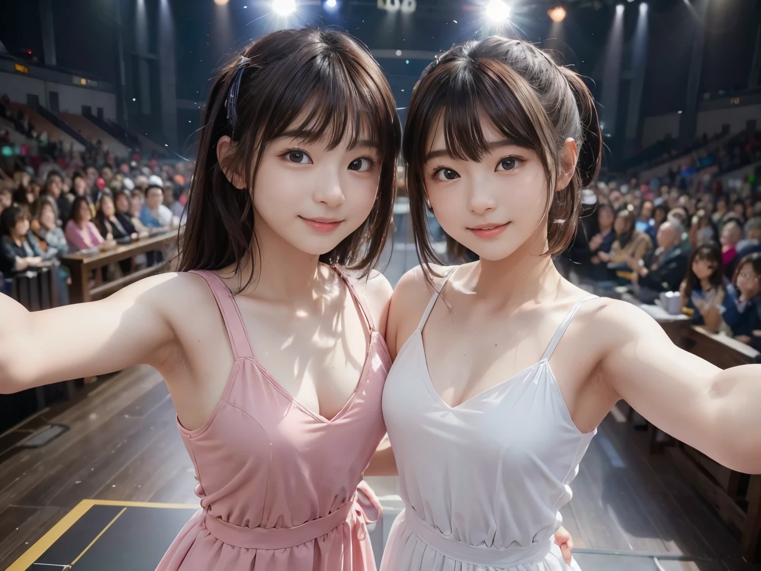 2 beauties、21 years old、 japanese id,Performing on live stage、 personal、Very stylish and cute、Colorful and transparent stage costumes、Show your face well、(((具体的でdetailed顔)))、Flashy stage lighting、Flying laser illumination、CG projected on LED screen、(非常にdetailed CG Unity 8k 壁紙), (masterpiece), (highest quality), (超detailed), (best illustrations), (best shadow), (realistic), Lens flare, (Depth of the bounds written), (natural soft light), 超A high resolution, (eye),full body display、More detailed and faithful to the facial part、full body display、Even if the face looks small, detailed、