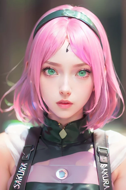 young woman, short shoulder-length pink hair, wide forehead, porcelain skin, pink eyebrows, big emerald green eyes, buttoned nose, full lips, heart-shaped face, slender body, small breasts, red tank top, Sakura Haruno , realistic, realism, details, 3d, well detailed