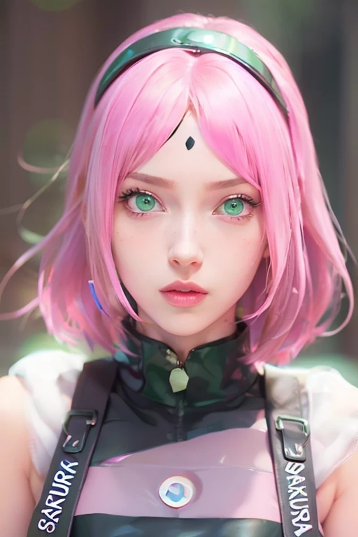 young woman, short shoulder-length pink hair, wide forehead, porcelain skin, pink eyebrows, big emerald green eyes, buttoned nose, full lips, heart-shaped face, slender body, small breasts, red tank top, Sakura Haruno , realistic, realism, details, 3d, well detailed