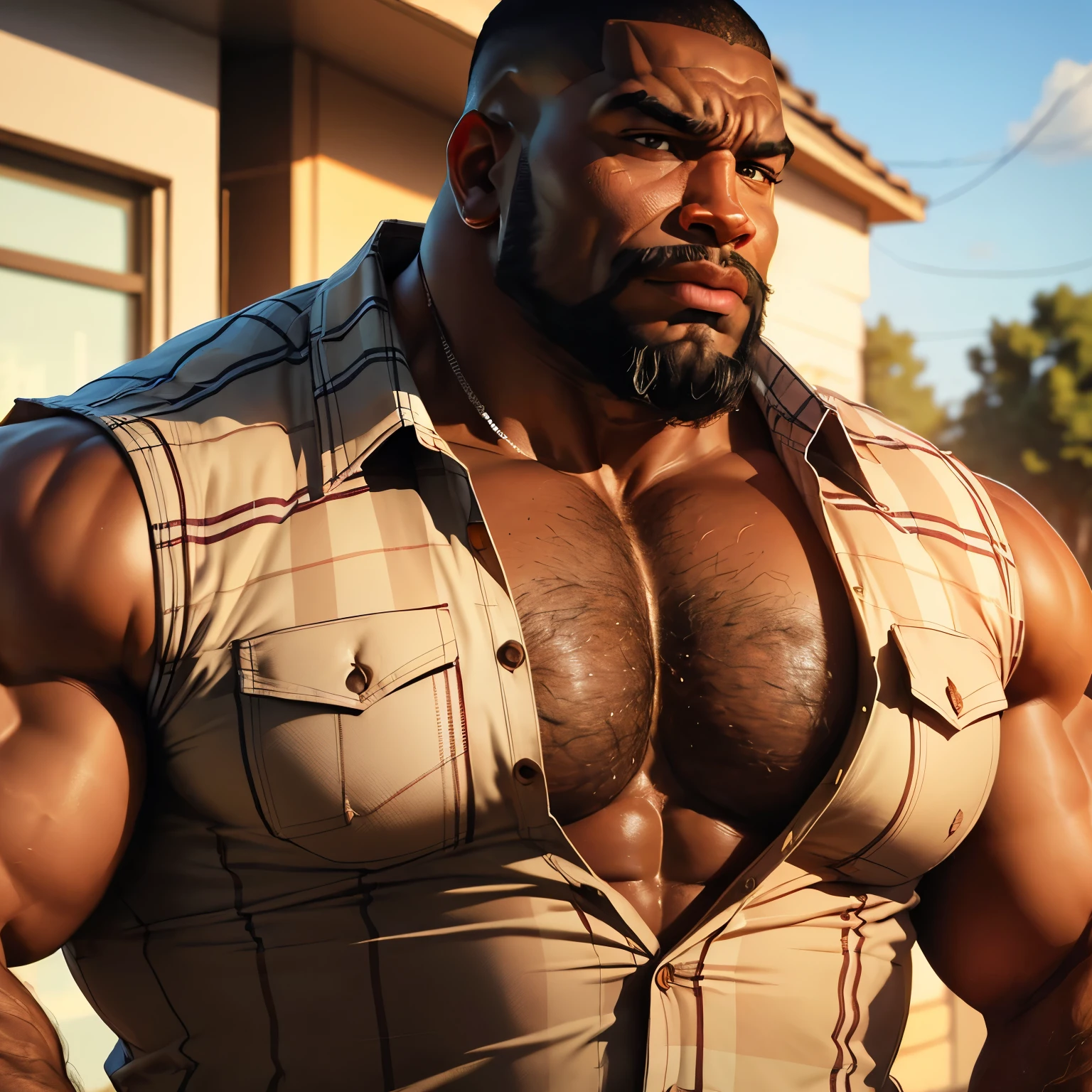 an exaggeratedly muscular and large bodyguard, beefy build, beard, dark-skinned african american male, buzzcut hair with square line, surprised expression, (wearing unbuttoned plaid shirt: 1.2), school team logo, (bara pecs: 1.3), (arm and chest hair: 1.1), close-up portrait HD, (outside ranch)