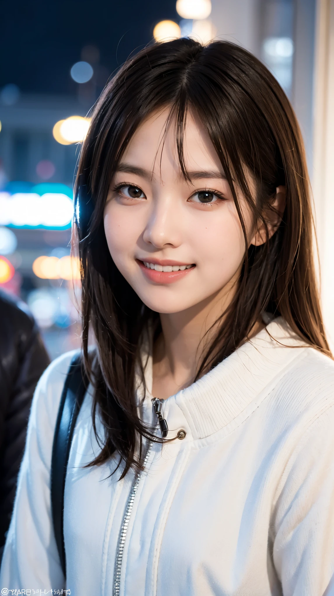 (masterpiece, highest quality, beautiful girl, cute face:1.2), (close your face:1.2), 8K, official art, Raw photo, disorganized, Wear warm clothes to go out on the town in the cold season, view audience, thin, , face light, film grain, chromatic aberration, sharp focus, A very happy smile, Showing a little teeth, dynamic lighting, cinematic lighting, face photo, upward glance