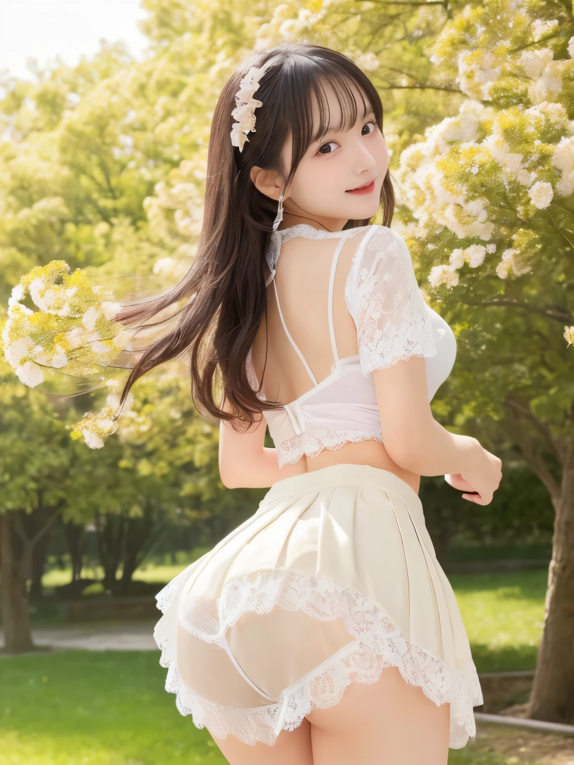 (((masterpiece))), (one beautiful japanese girl, Classmate, Pure innocence，innocence，cute) ，超A high resolution, realistic, super detailed, 8K,highest quality, very detailed, detailed background,Slender,(baby face，cute系,adorable 14 year old girl),Beautiful girl in a white blouse with short sleeves、(perfect body:1.1)，super detailed顔、lip details、detailed eye、realistic:1.37，No makeup，small gravure idol，transparent skin、((The wind blows and lifts my skirt, A glimpse of white lace panties..))，hair swaying in the wind，smile，[[Cherry tree]]forest background、Neutral lighting，pleated mini skirt，、The white lace underwear is transparent、Rear view、make your butt bigger、Looking up from the ground，show me your beautiful teeth、 playful pose, beauty of nature,warm tones，