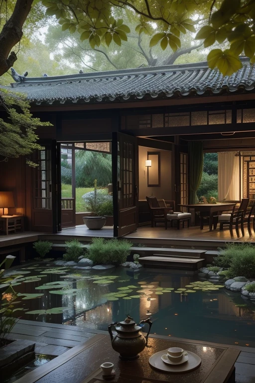 There is a small pond in the middle of the terrace, There is a fish pond and courtyard, Comfortable and peaceful atmosphere, Luxurious environment, Portrait shoot, Quiet and peaceful atmosphere, A well-designed masterpiece, serene evening atmosphere, Hangzhou, morning light, creek flowing through the house, Quiet and peaceful style, Lush surroundings, peaceful cabin, wonderful masterpiece, hou china