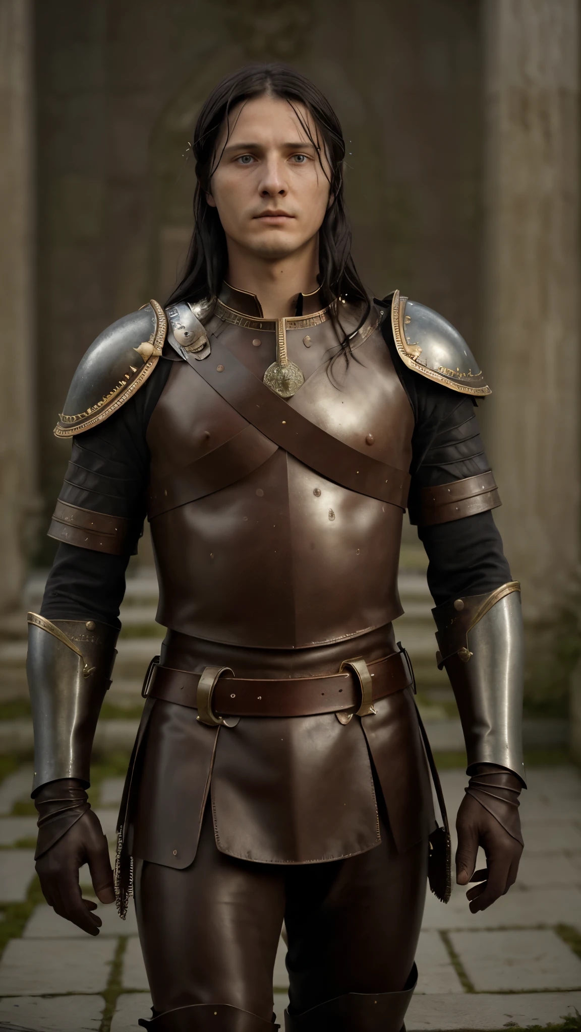 (masterpiece, high quality, best quality), beautiful, hd, realistic, perfect lighting, detailed face, detailed body, Picture the solemn atmosphere as Augustus speaks his final words, questioning if he played his role well, black hair, blue eyes, long black hair, brown and worn leather clothing gladiator style: 1.4), leather breastplate, gladiator style, man, robust, Picture the solemn atmosphere as Augustus speaks his final words
