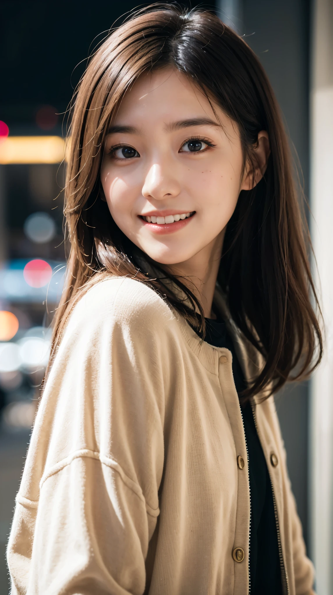 (masterpiece, highest quality, beautiful girl, cute face:1.2), (close your face:1.2), 8K, official art, Raw photo, disorganized, Wear warm clothes to go out on the town in the cold season, view audience, thin, teen, face light, film grain, chromatic aberration, sharp focus, A very happy smile, Showing a little teeth, dynamic lighting, cinematic lighting, face photo, upward glance