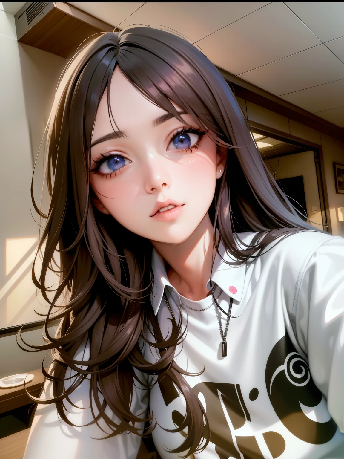 there is a woman that is taking a selfie with her cell phone, realistic artstyle, realistic anime artstyle, realistic anime 3 d style, digital anime illustration, realism artstyle, kawaii realistic portrait, photorealistic!!!!!!! art style, realistic anime art style, photorealistic artstyle, anime style. 8k, realistic. cheng yi, realistic cute girl painting