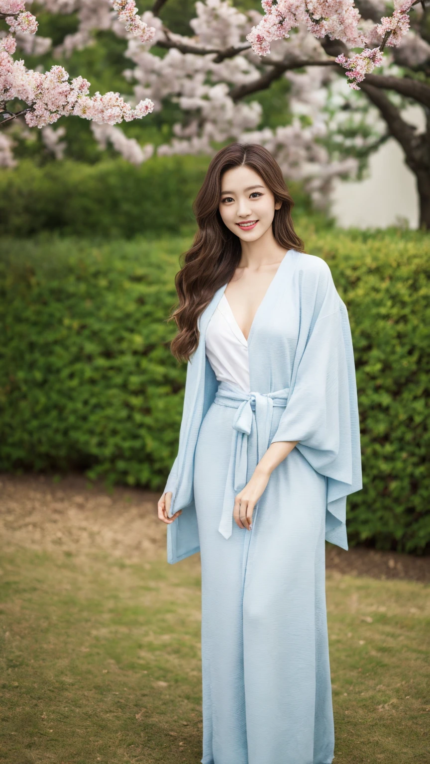 Cherry tree、Colorful kimono、open chest、I'm not wearing anything inside、full body shot、NiziUAYAKA、 4K、1people's women、slender、 Loose wavy styling 、seductive and attractive、Including face and skin texture.,detailed eyes、A soothing expression with a smile