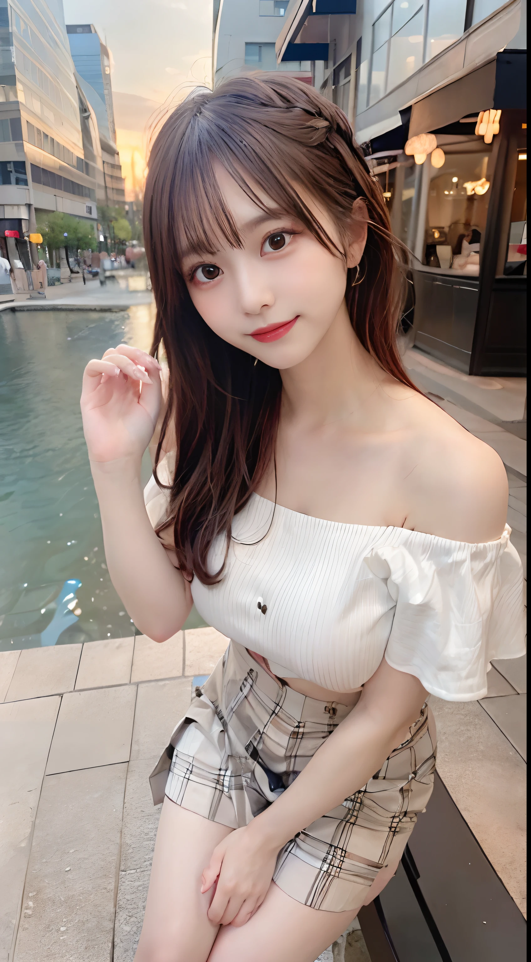masutepiece, Best Quality,
Ultra-detailed, finely detail, hight resolution, in 8K,
((Photorealsitic:1.4, Raw photography, 超A high resolution,Top image quality: 1.4)),
Wallpaper,
((Perfect whole body configuration1.5)),
Beautiful detailed eyes, Natural Color Lip,
((a serene smile:1.5)),
((Random and cute hairstyles)),
((Off-shoulder white :1.5,Shirt not closed、plaid skirts)),
((Random breast sizes from large to medium、cleavage of the breast:1.2)),
((Raise your hands and arms and stretch your chest:1.5,Standing with thighs showing)),
((breastsout、under look eyes、Mole on the arm:0.9)),
((Background in front of the café at sunset、Ball bokeh、f lare)),
((Smile)),
((((1 female:1.5))))
very detailed and professional lighting、
((Random and cute facial expressions:1.5))、
((thigh visible:1.5))