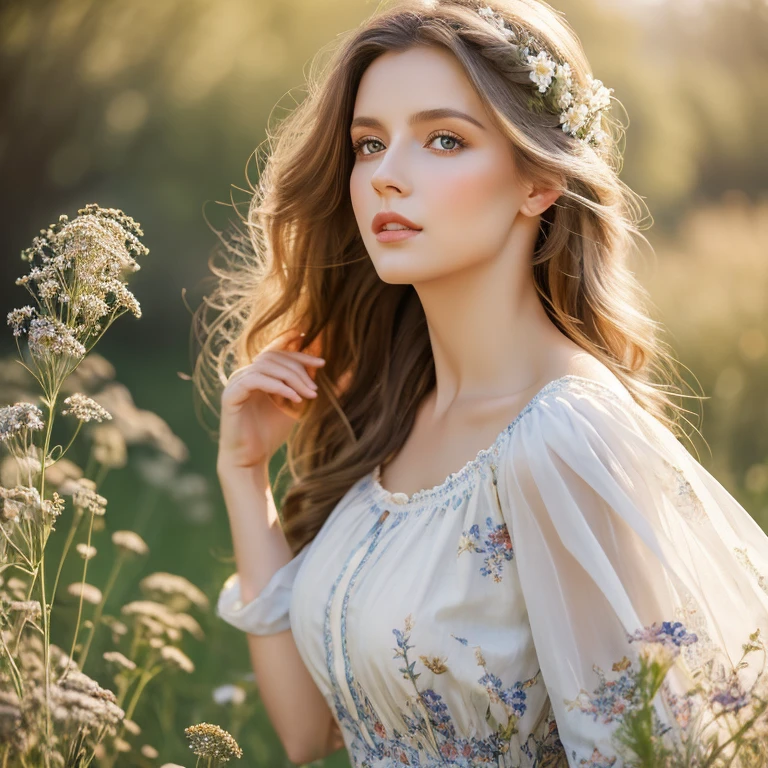 Zdzislaw Bekrzynski style, white woman, wavy hair, long canvas vintage dress with meadow flowers print, full body standing by a tree, early summer, masterpiece, side light, finely detailed beautiful eyes, hdr, realistic, oil painting, airbrushed