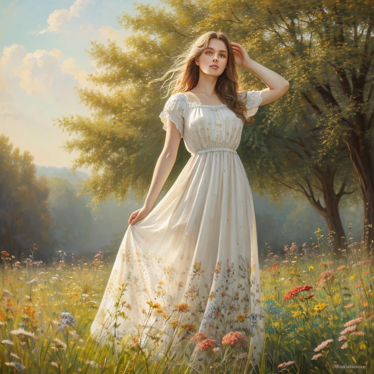 Zdzislaw Bekrzynski style, white woman, wavy hair, long canvas vintage dress with meadow flowers print, full body standing by a tree, early summer, masterpiece, side light, finely detailed beautiful eyes, hdr, realistic, oil painting, airbrushed