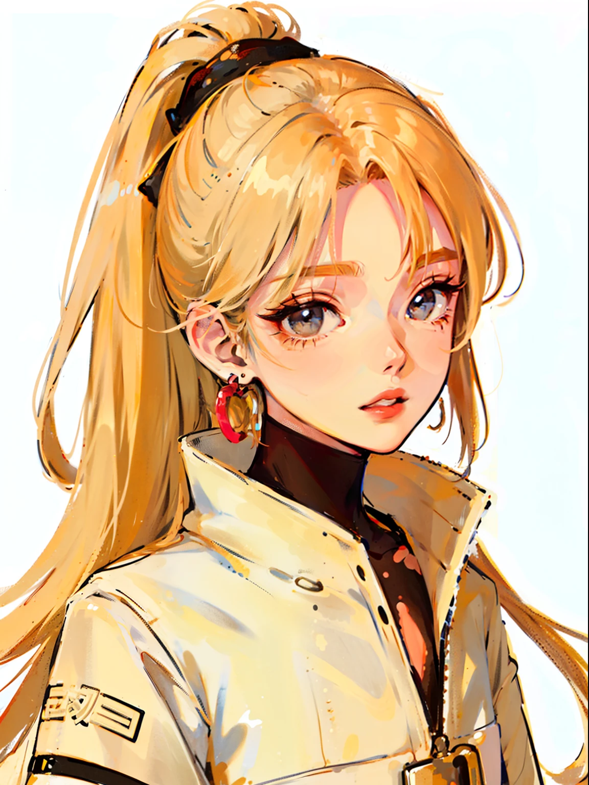 (Portrait:1.4), (masutepiece:1.2, Best Quality:1.2), bottom-up, Full body, 1 girl with sand blonde ponytail hair, Solo, Looking down, Face Focus, Extreme facial details, Cool eyes, extremely detailed eye, goodlooking, makeup, Fingers on lips, grey Eyes, Thin, slim, white fur coat, Black tights, earrings, (Marco) Cafe)
