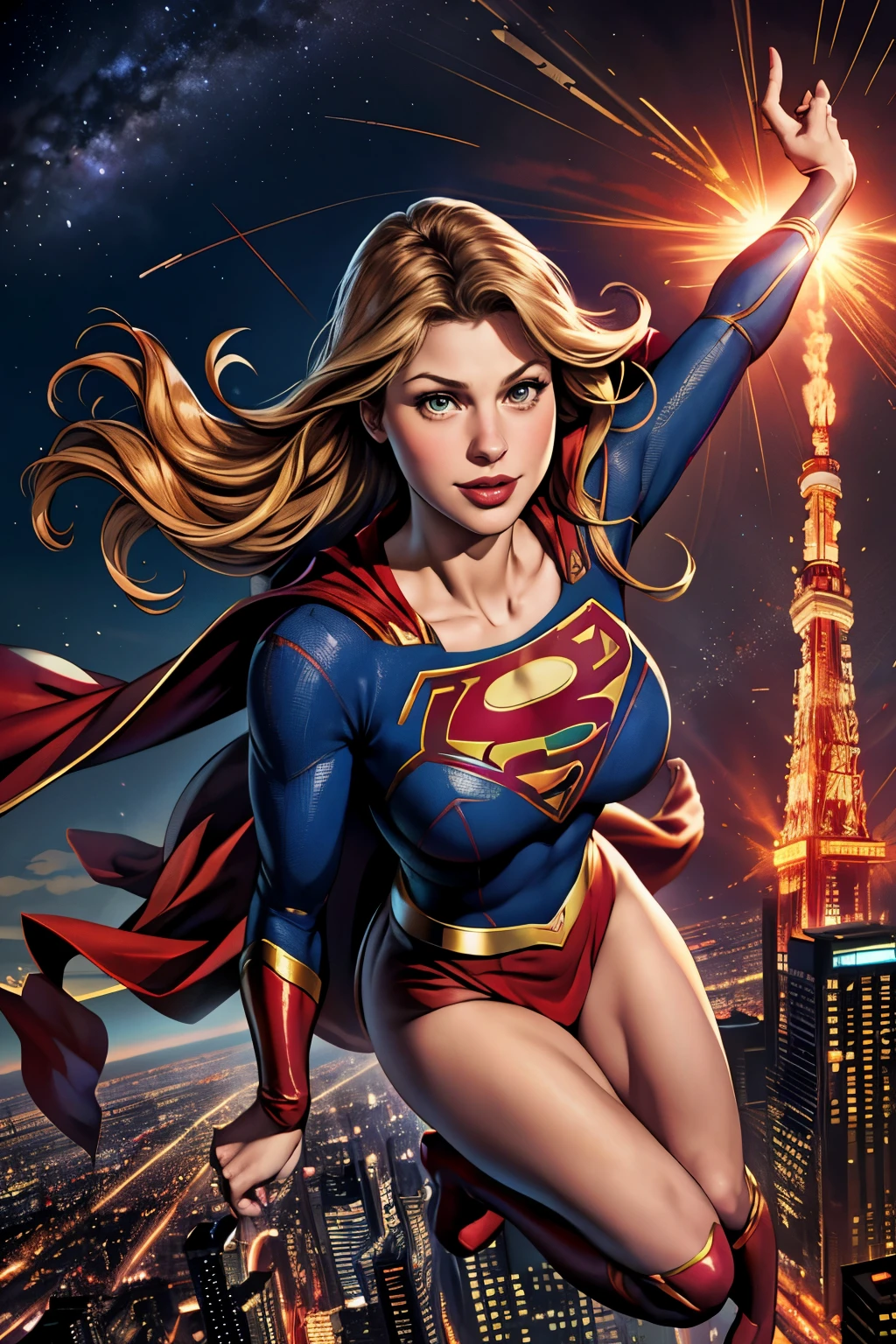 ((highest quality)), ((masterpiece)), (be familiar with),（Melissa Benoist）、（SUPER GIRL）, perfect face、Precise、24-years-old、supergirl women、blonde、long hair、Smile、Accurate finger depiction、beautiful nails、plump body、big breasts、constricted waist、big ass、red cloak、red knee high boots、Glamorous、glamorous、(Supergirl flying at high altitude above Tokyo Tower)、(Accurate TOKYO TOWER)、(aerial view)