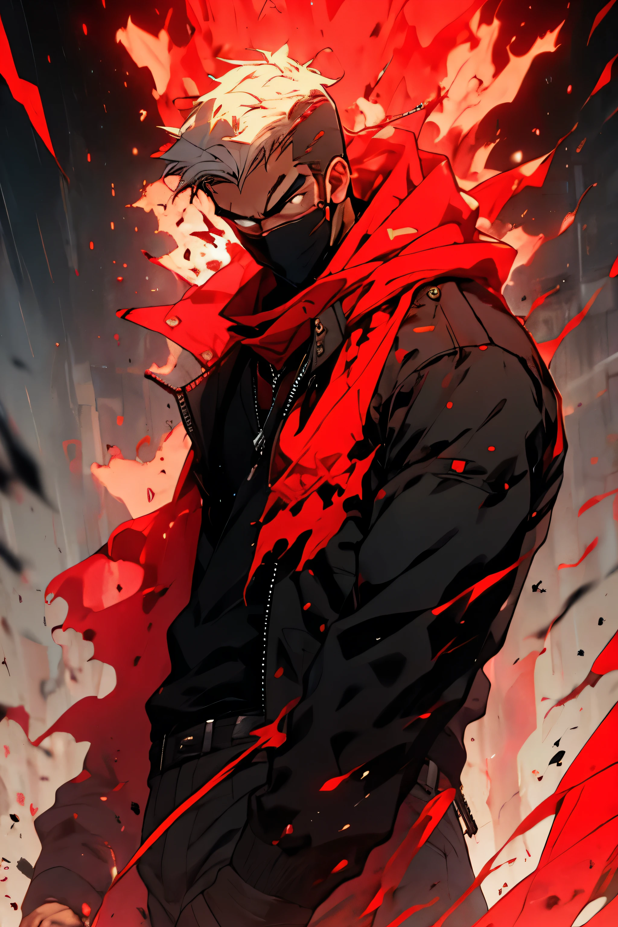 skinny tall man with a red bandana with short buzzcut
hair and Band-Aid on cheek in a red and black jacket with black
face mask on