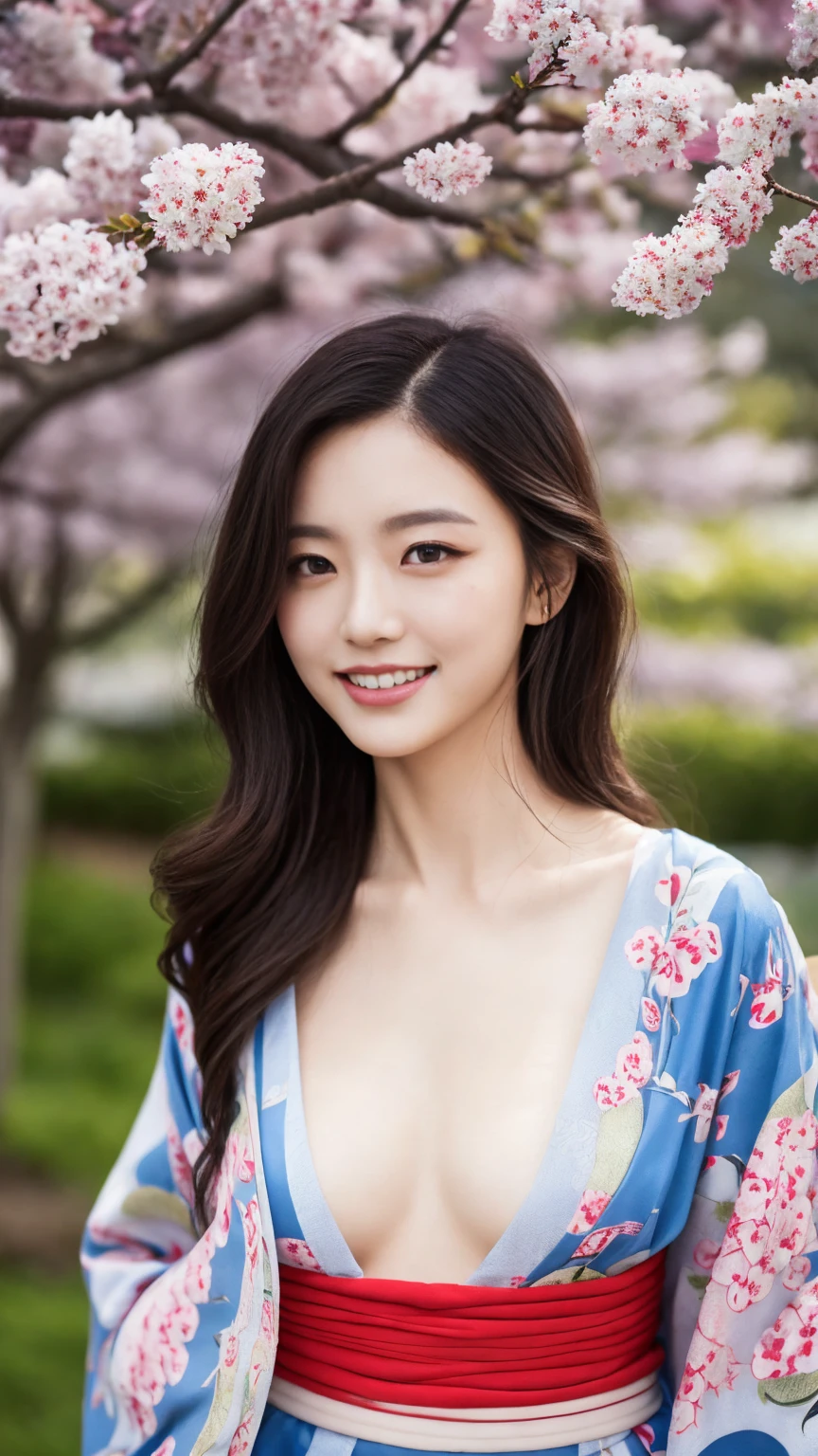 Cherry tree、Colorful kimono、open chest、I&#39;m not wearing anything inside、full body shot、NiziUAYAKA、 ４Ｋ、１people&#39;s women、slender、 Loose wavy styling 、seductive and attractive、Including face and skin texture.，detailed eyes、A soothing expression with a smile