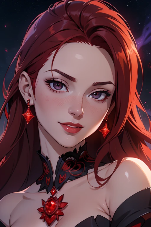 close up face, portrait shot, ((vivid red hair)), european face, sexy, mature woman, 30 years old, diamond face, moonlight, red starry sky background, depth of field, magic, big red lips, ((dark black eyes)) black and red long and full dress, covered chest, small breast, mystical atmosphere, ominous shadows, Intense blue aura, Intense red aura (best quality:1.2), absurdres, intricate details, (highly detailed skin:1.2), smile expression, dynamic poses, taut and well defined body, attractive. Highly realistic, pale skin, beautiful, hyperrealism, skin very elaborated, direct gaze