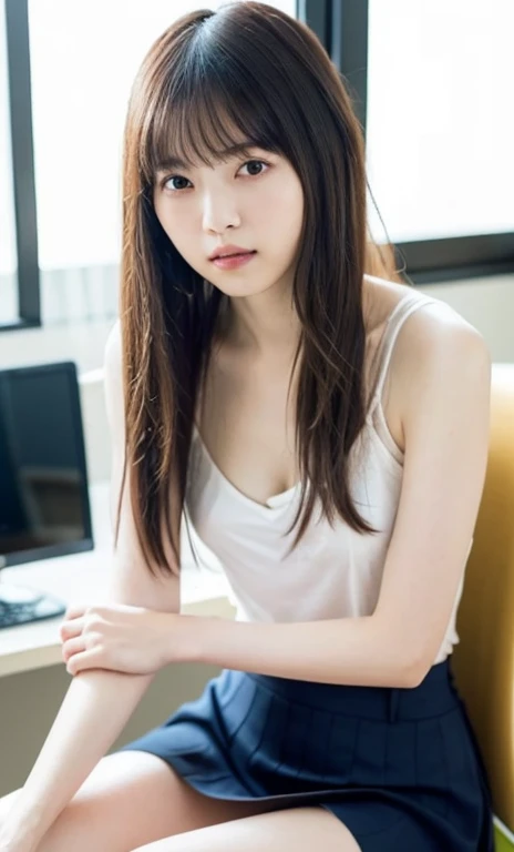 masterpiece、highest quality、16K、soft light、professional lighting、Pale shading、Weak contrast、Japanese、beautiful girl、daytime office、Window seat、sitting in front of the computer、Tight white camisole clinging to breasts、The skin is visible through the fabric、navy pleated skirt、(smooth and beautiful thighs:1.6)、(small breast:1.0)、Faint cleavage、fine and beautiful eyes、(cute hanging eyes)、(thin eyebrows)、(thin lips)、gentle smile、(Thin, straight, long hair、high ponytail),(The bangs are see-through bangs)、