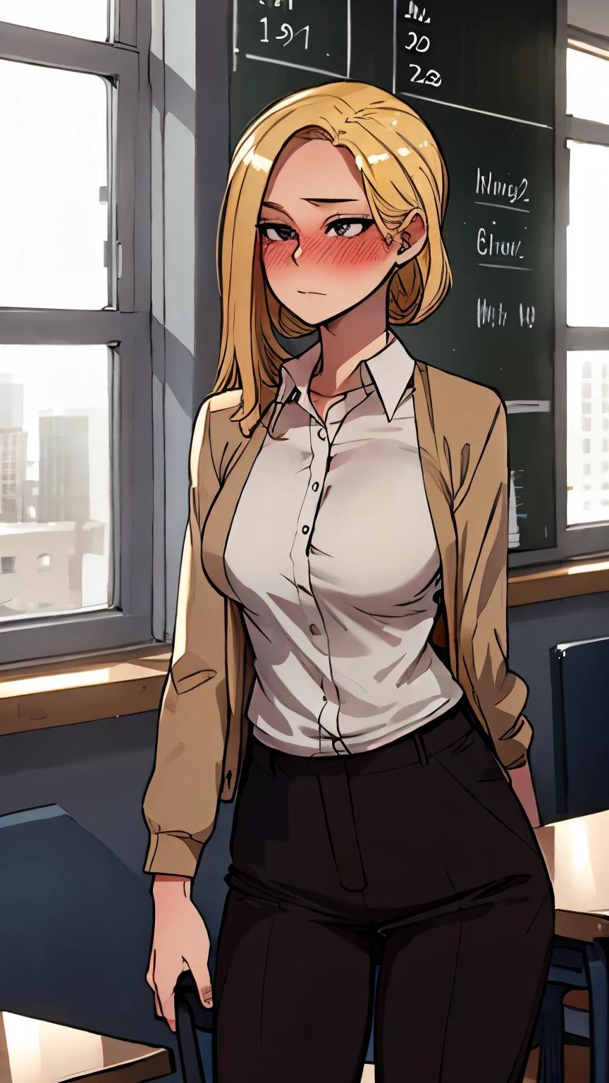 Girl with blond hair at school, in a cardigan and trousers, blushes, standing straight