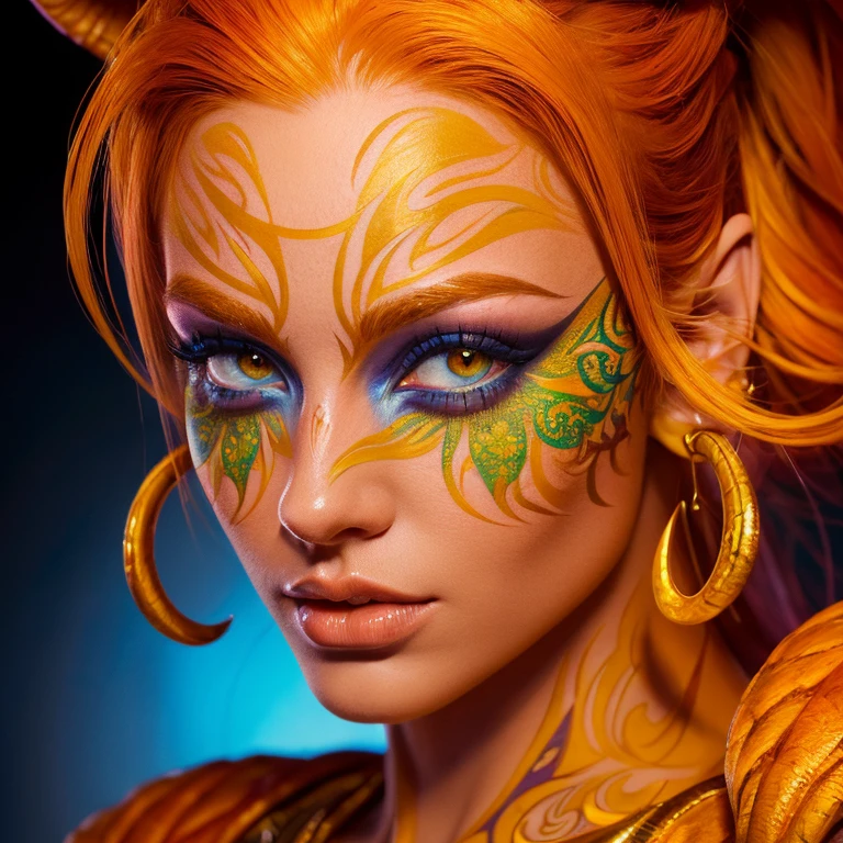 (((masterpiece))), (((highest quality: 1.4))), ((Super detailed: 1.4)) , Highly detailed gouache painting of a female tiefling, gorgeous exotic features, amber neon eyes:1.5,  orange hair, highly detailed facial features, expressive face, detailed texture, blue skin tone, tattoo, natural skin shader, Volumetric, There&#39;s a warm tone beneath her skin, ultra high resolution、super huge breasts、Super big breasts、very big 